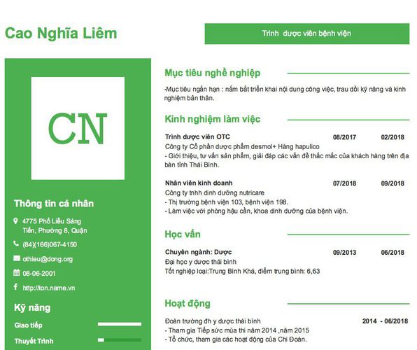 Mẫu CV Trình  dược viên bệnh viện
