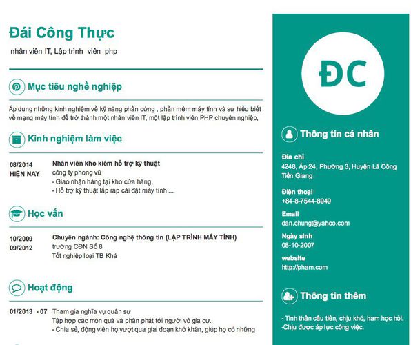 Mẫu CV  nhân viên IT, Lập trình  viên  php
