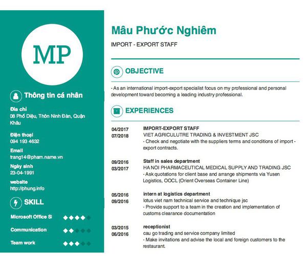Mẫu CV IMPORT - EXPORT STAFF