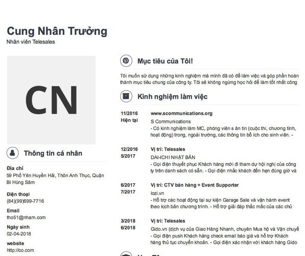 Mẫu CV Nhân viên Telesales