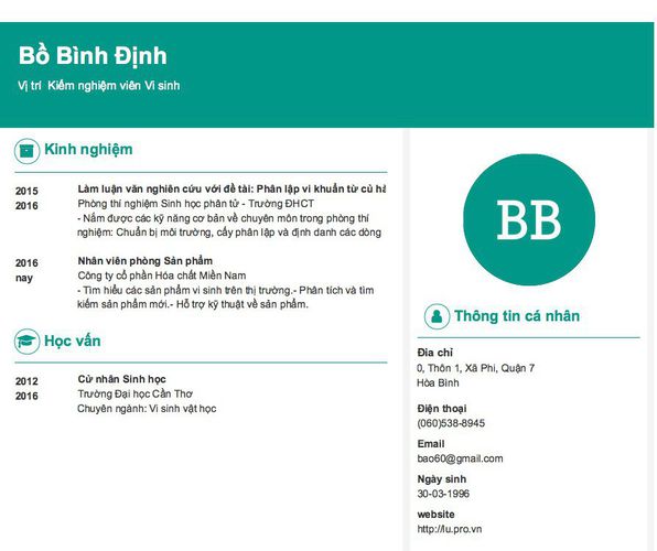 Gợi ý cách viết Mẫu CV tham khảo Vị trí  Kiểm nghiệm viên Vi sinh