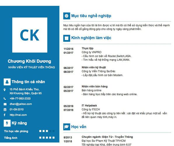 Mẫu CV       NHÂN VIÊN KỸ THUẬT VIỄN THÔNG