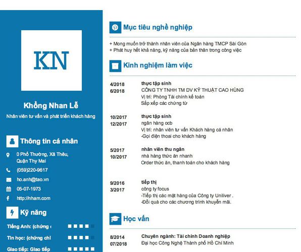 Mẫu CV Nhân viên tư vấn và phát triển khách hàng
