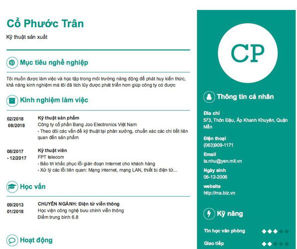 Mẫu CV Kỹ thuật sản xuất