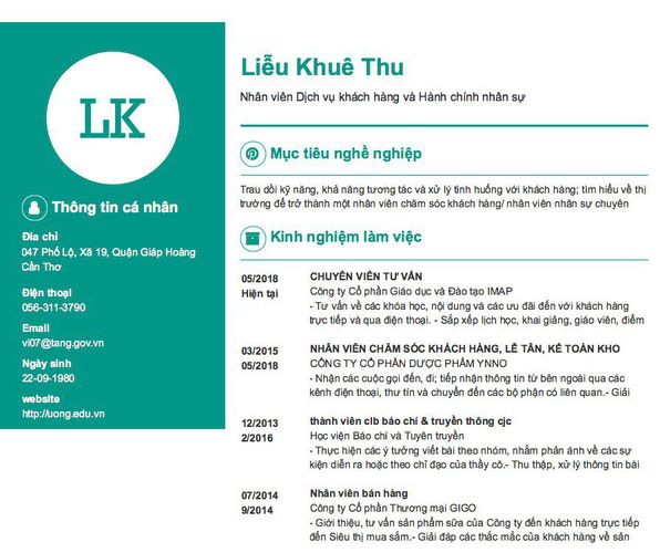 Mẫu CV Nhân viên Dịch vụ khách hàng và Hành chính nhân sự