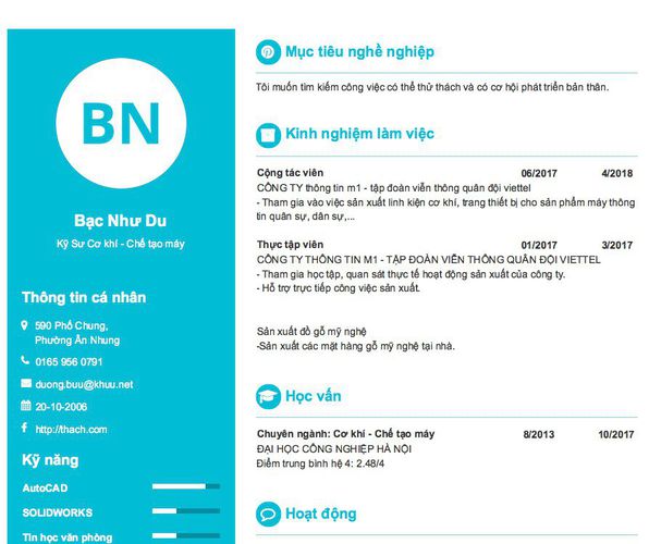 Mẫu CV Kỹ Sư Cơ khí - Chế tạo máy