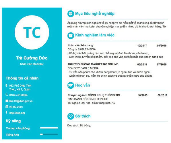 Mẫu CV Nhân viên Marketer