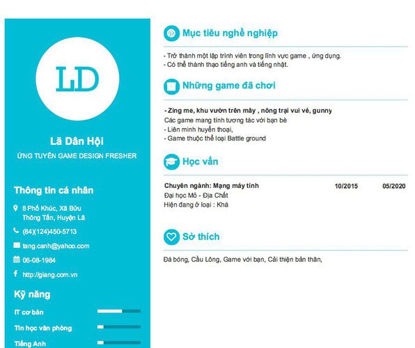 Mẫu CV ỨNG TUYỂN GAME DESIGN FRESHER