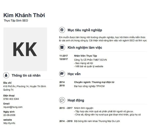Mẫu CV Thực Tập Sinh SEO