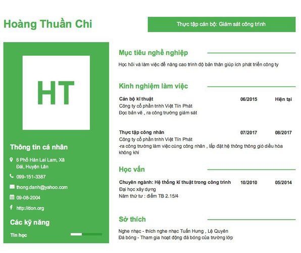 Mẫu CV Thực tập cán bộ: Giám sát công trình