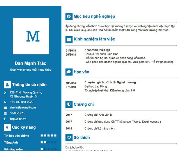 Mẫu CV Nhân viên phòng xuất nhập khẩu