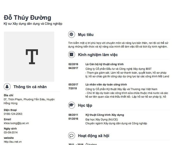 Mẫu CV Kỹ sư Xây dựng dân dụng và Công nghiệp