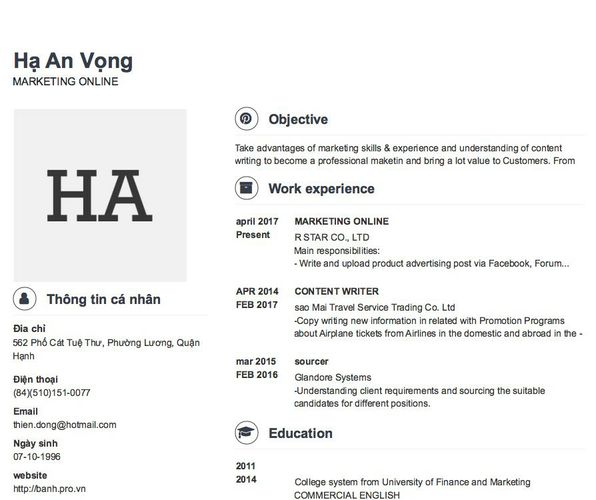 Mẫu CV MARKETING ONLINE
