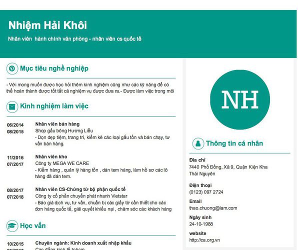 Mẫu CV Nhân viên  hành chính văn phòng - nhân viên cs quốc tế