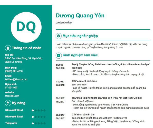 Mẫu CV content writer