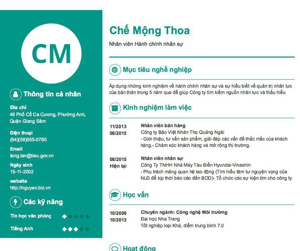 Mẫu CV Nhân viên Hành chính nhân sự
