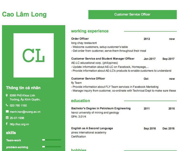 Mẫu CV Customer Service Officer