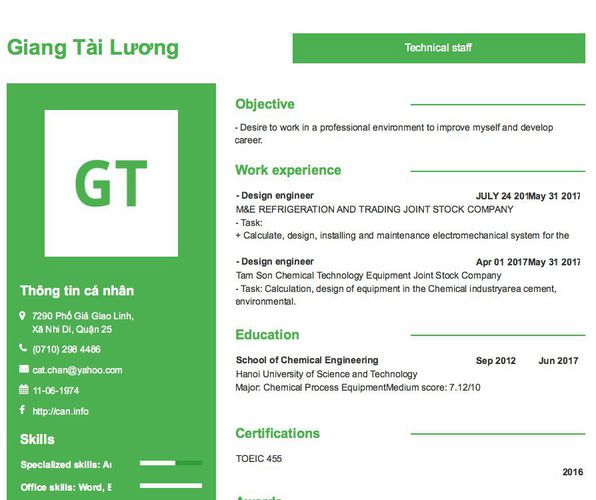 Mẫu CV Technical staff