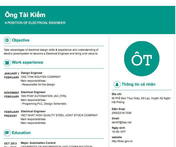 Mẫu CV A POSITION OF ELECTRICAL ENGINEER
