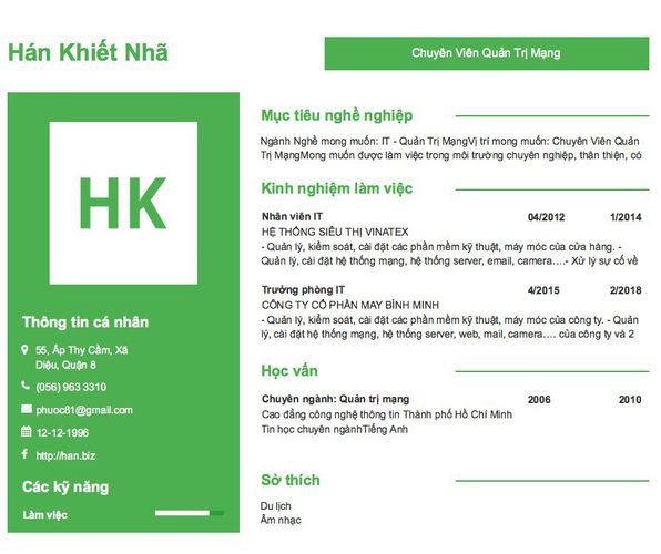 Mẫu CV Chuyên Viên Quản Trị Mạng