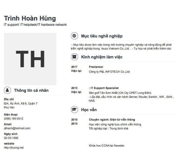 Mẫu CV IT support/ IT helpdesk/IT hardware network