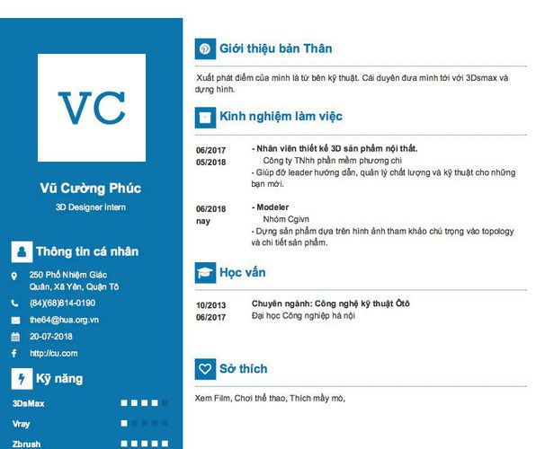 Mẫu CV 3D Designer Intern