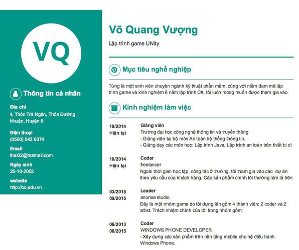 Mẫu CV Lập trình game UNity
