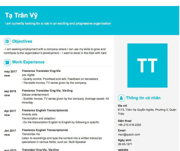 Gợi ý cách viết Mẫu CV tham khảo I am currently looking for a role in an exciting and progressive organisation