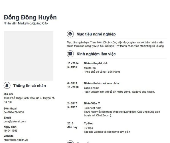 Mẫu CV Nhân viên Marketing/Quảng Cáo