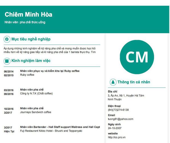Mẫu CV Nhân viên  pha chế thức uống