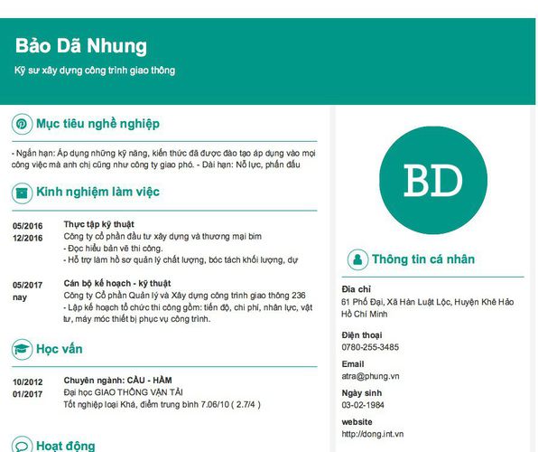Mẫu CV Kỹ sư xây dựng công trình giao thông