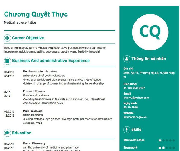 Mẫu CV Medical representative
