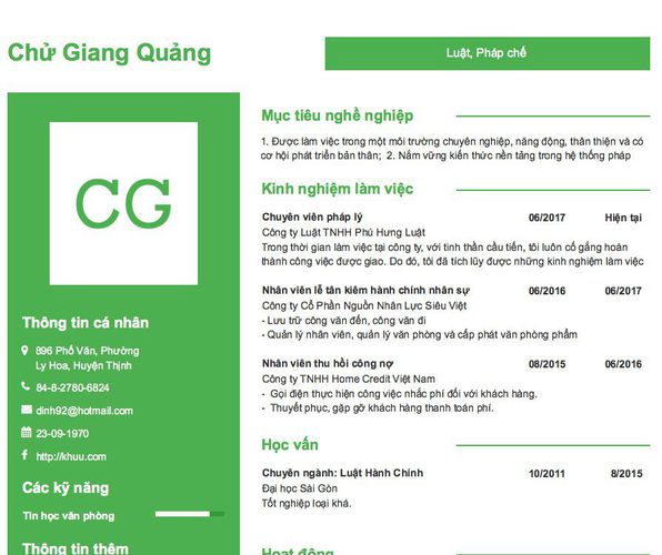 Mẫu CV Luật, Pháp chế