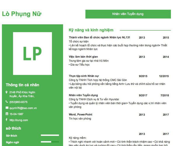 Mẫu CV Nhân viên Tuyển dụng