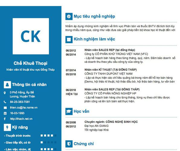 Mẫu CV Nhân viên kĩ thuật khu vực Đồng Tháp
