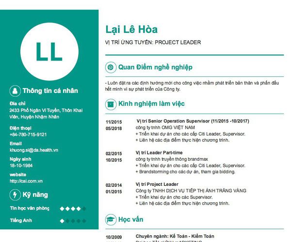 Mẫu CV VỊ TRÍ ỨNG TUYỂN: PROJECT LEADER