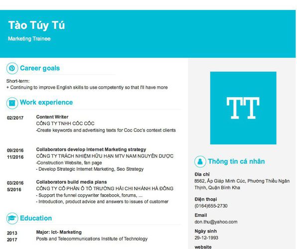 Mẫu CV Marketing Trainee