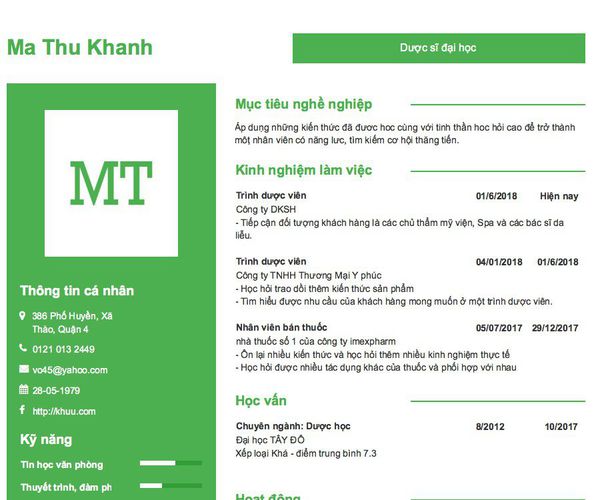 Mẫu CV Dược sĩ đại học