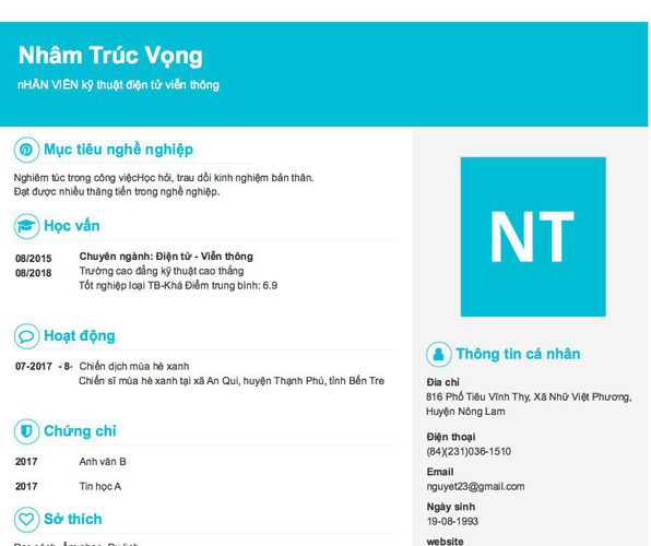 Mẫu CV nHÂN VIÊN kỹ thuật điện tử viễn thông