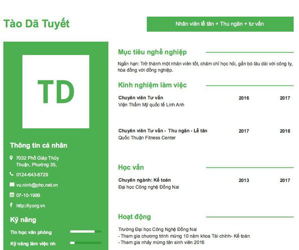 Mẫu CV Nhân viên lễ tân + Thu ngân + tư vấn