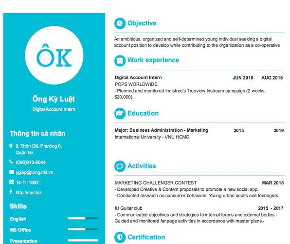 Mẫu CV Digital Account Intern