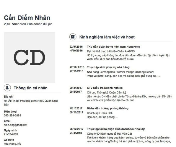 Mẫu CV Vị trí  Nhân viên kinh doanh du lịch