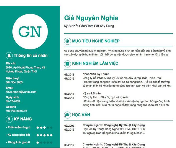 Mẫu CV Kỹ Sư Kết Cấu/Giám Sát Xây Dựng