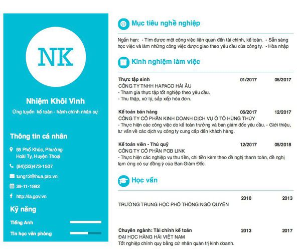 Mẫu CV Ứng tuyển  kế toán - hành chính nhân sự