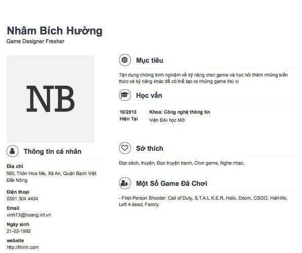 Mẫu CV Game Designer Fresher