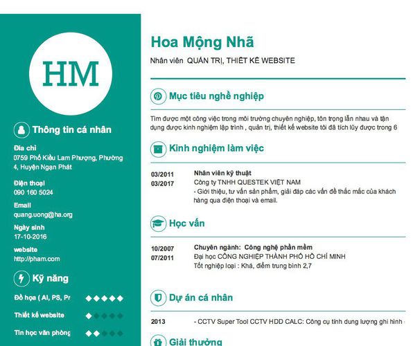 Mẫu CV Nhân viên  QUẢN TRỊ, THIẾT KẾ WEBSITE