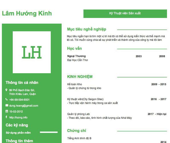 Mẫu CV Kỹ Thuật viên Sản xuất