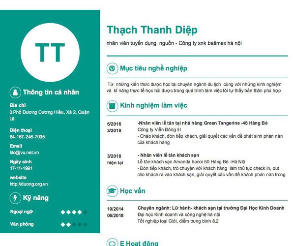 Gợi ý cách viết Mẫu CV tham khảo nhân viên tuyển dụng  nguồn - Công ty xnk batimex hà nội