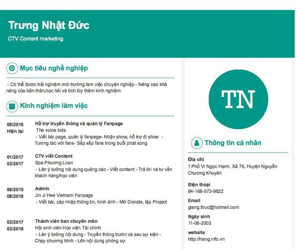 Mẫu CV CTV Content marketing