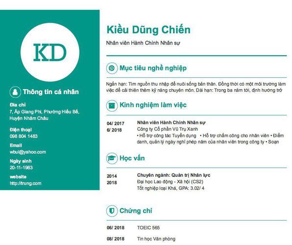 Mẫu CV Nhân viên Hành Chính Nhân sự